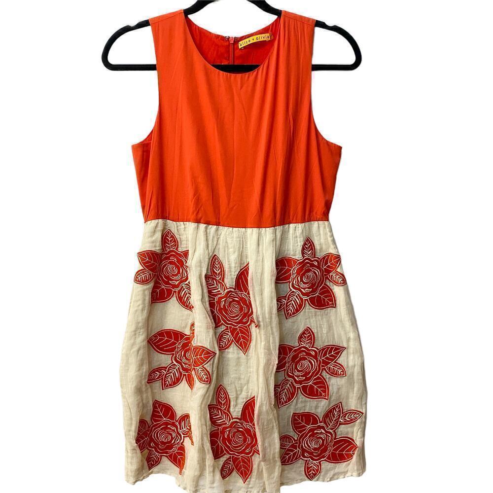 Alice + Olivia Silk Blend Red Fit Flare Roses Cocktail Dress Size S sleeveless